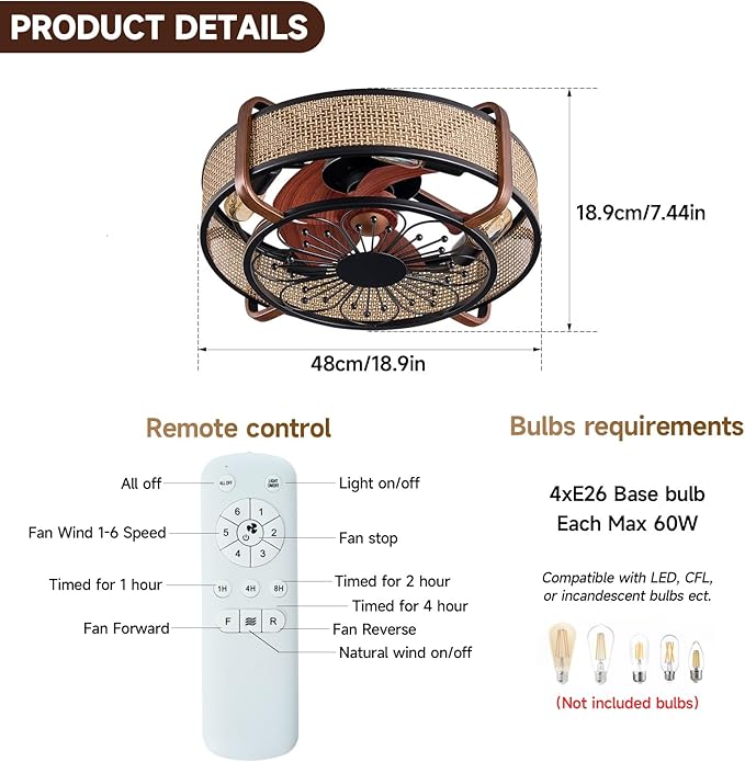 Ventilador de Techo 18.9 Pulgadas Con Luz y Control Remoto 6 miniatura 7