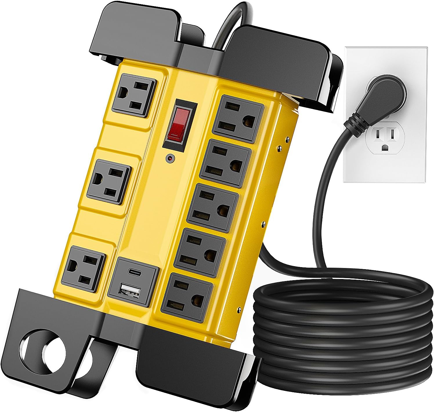 Heavy Duty Power Strip with Surge Protector, 8 Outlets 2 USB Ports, 15A Metal Wide Spaced Power Strip 1875W/2000J, 15FT Extension Cord with Flat Plug for Workshop Garage Shop (Yellow 15FT)