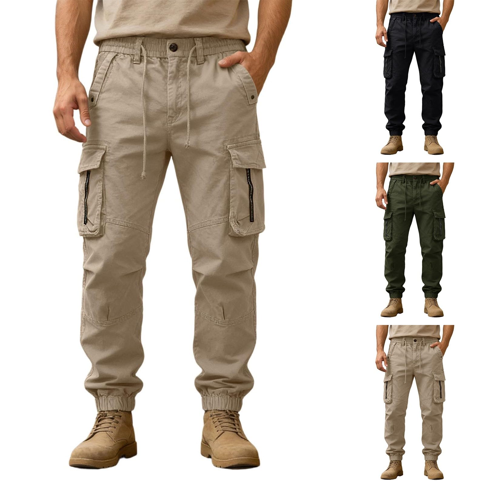 Cargohose für Herren, Stretch, entspannte Passform, Wanderhose | Arbeitshose mit Kordelzug an der Taille und mehreren Reißverschlusstaschen, feuchtigkeitsableitend, Baggy-Jogginghose, lässig