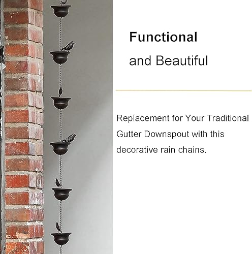 Miniatura 5 de Jemeni Cadena móvil de lluvia para pájaros de 8.5 pies para canaletas con colgador adjunto, bronce oscuro