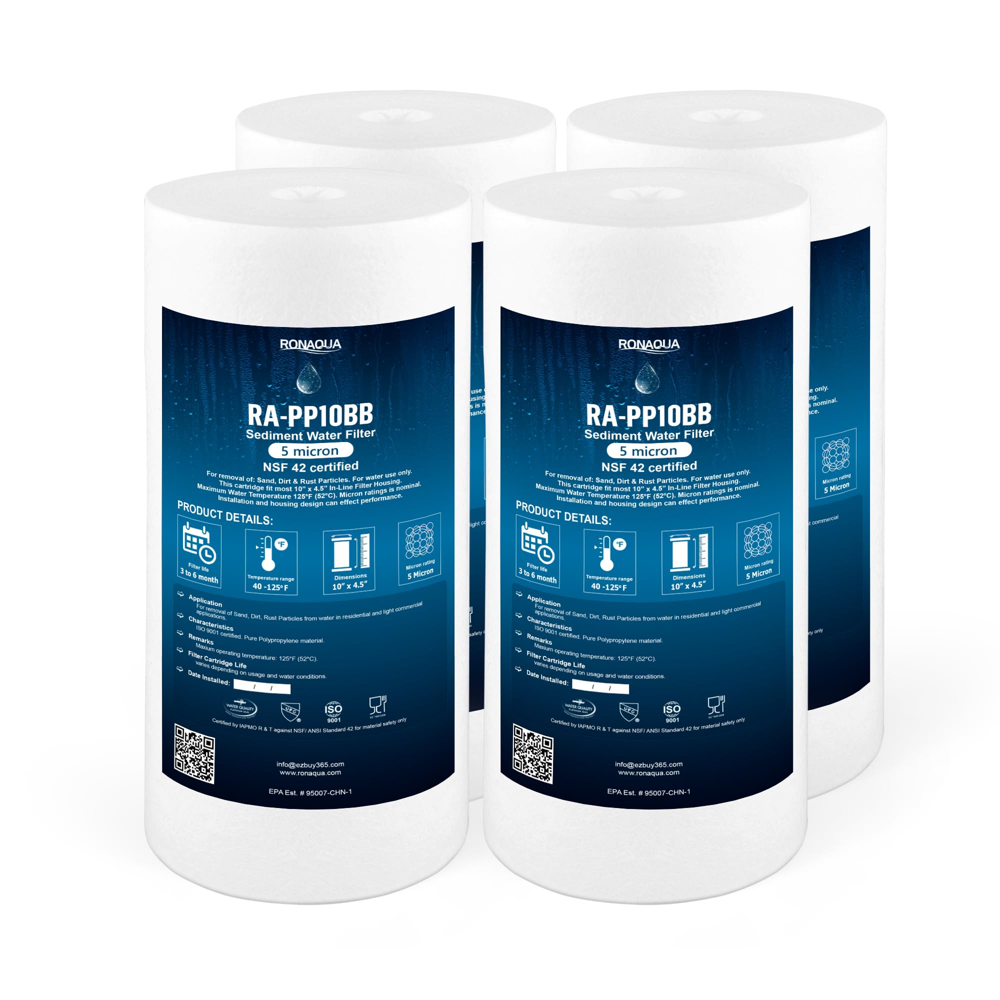 Ronaqua 10" x 4.5" Big Sediment Replacement Water Filter Cartridge, 5 Micron, NSF Certified, for Whole House, Compatible with RFC-BBSA, W15-PR,