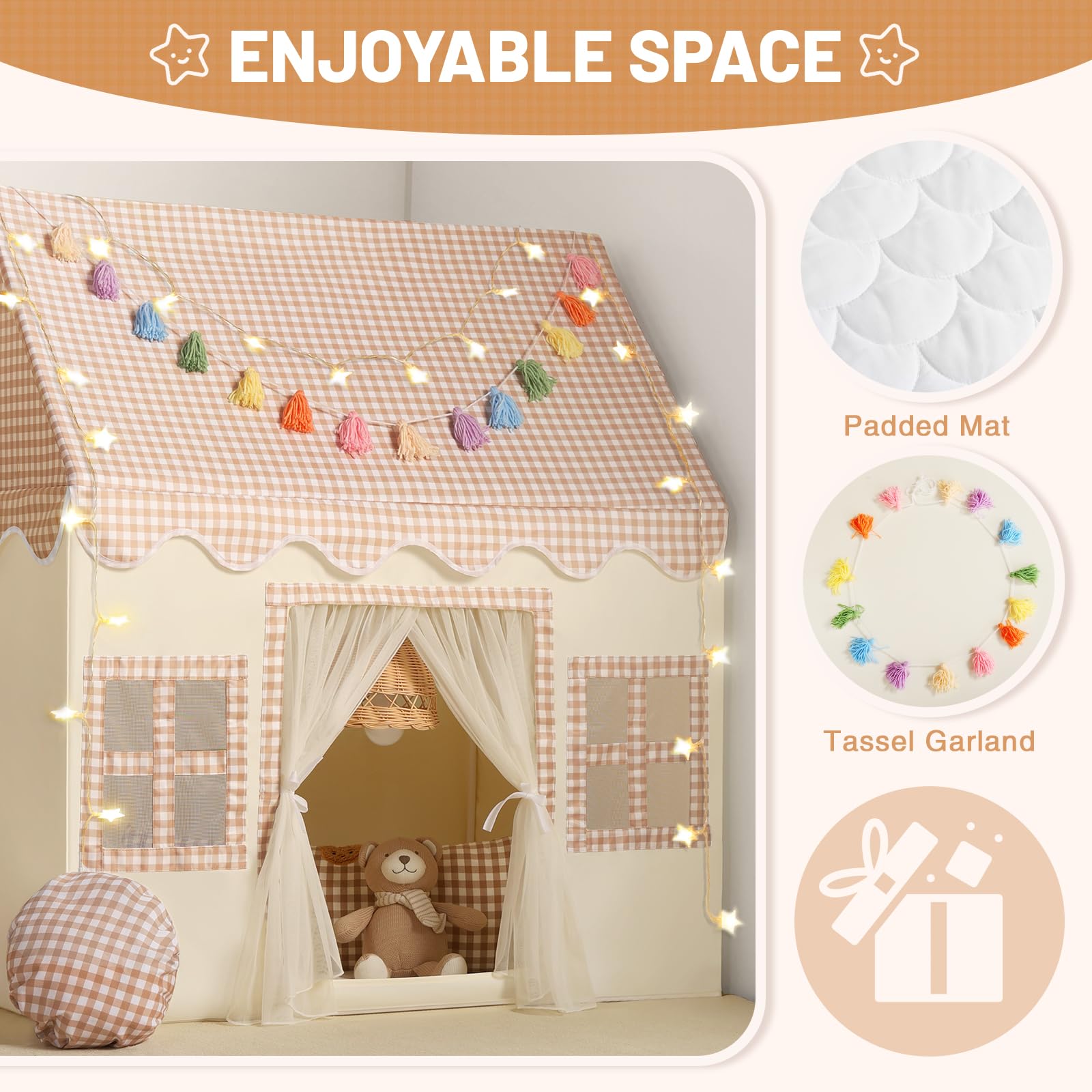 Wilwolfer Kids Play Tents Indoor: Princess PlayHouse with Brown Checkered & Padded Mat & Colorful Tassel Garland - Image 2