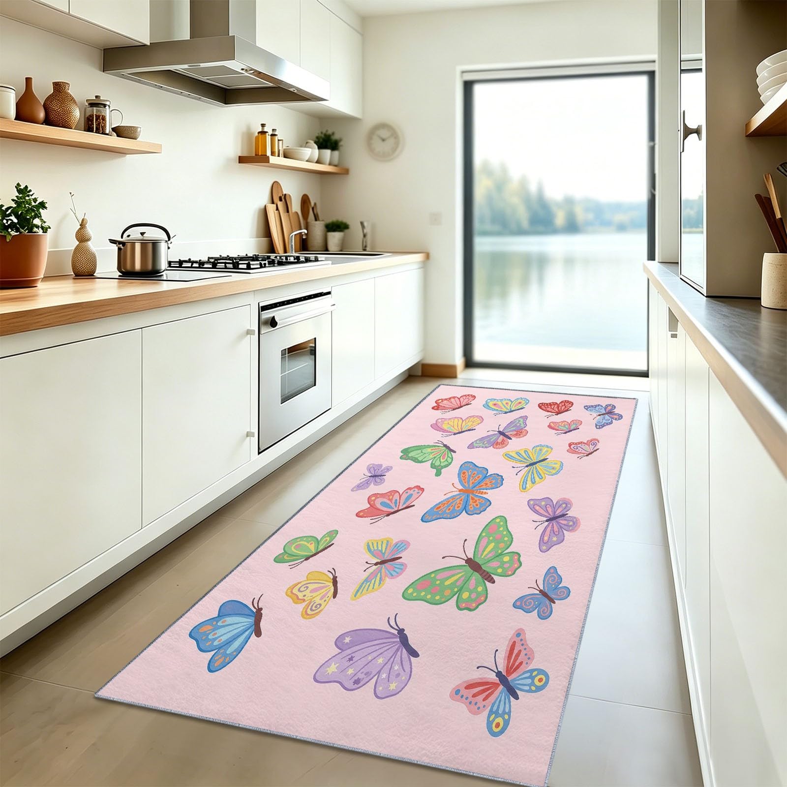 Tapis de Couloir Long 80 x 180 cm, Rose Tapis Cuisine Antidérapant Lavable, Minimaliste Élégant Animaux Mignon Papillon Tapis de Passage Doux pour Salon, Entrée, Balcon, Chambre Adulte Enfant
