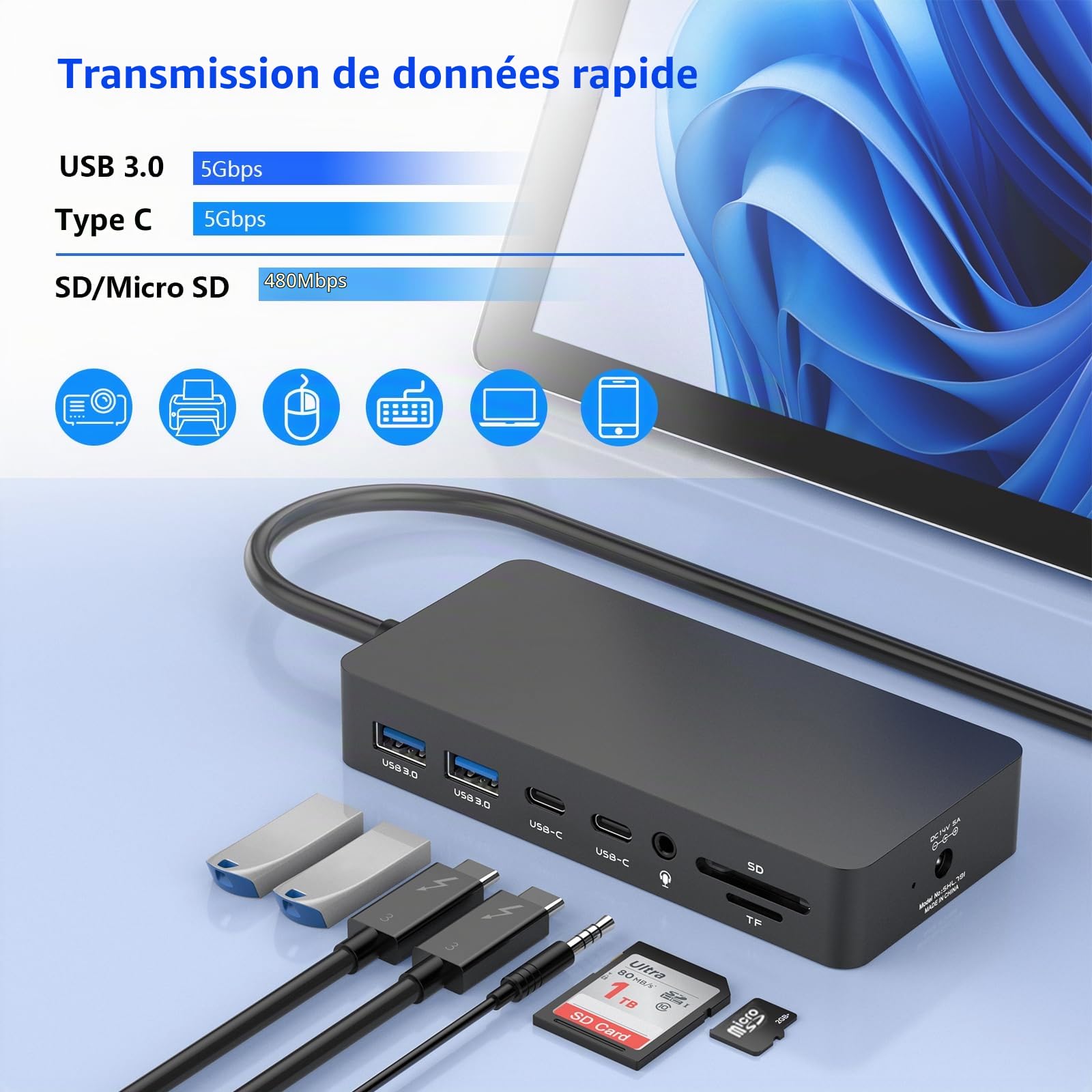 Station d'accueil Microsoft Surface Dock triple écran, double HDMI et VGA, avec adaptateur secteur,12 en 1 pour Microsoft Surface Pro 11/10/9/8/X/7/6/5/4/3,Surface Laptop 7/6/5/4/3/2/1,Surface Book Go