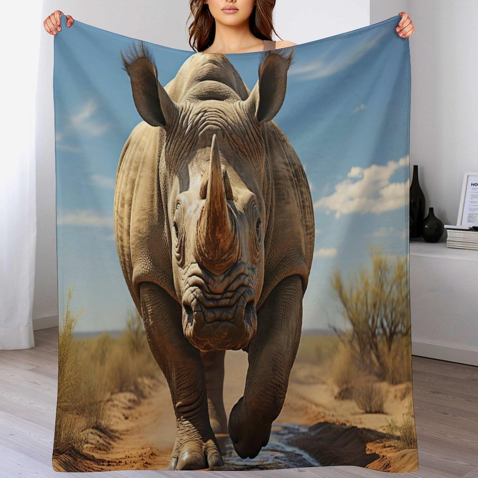 Plaid couverture polaire rhinocéros 180x200cm pour lit et canapé