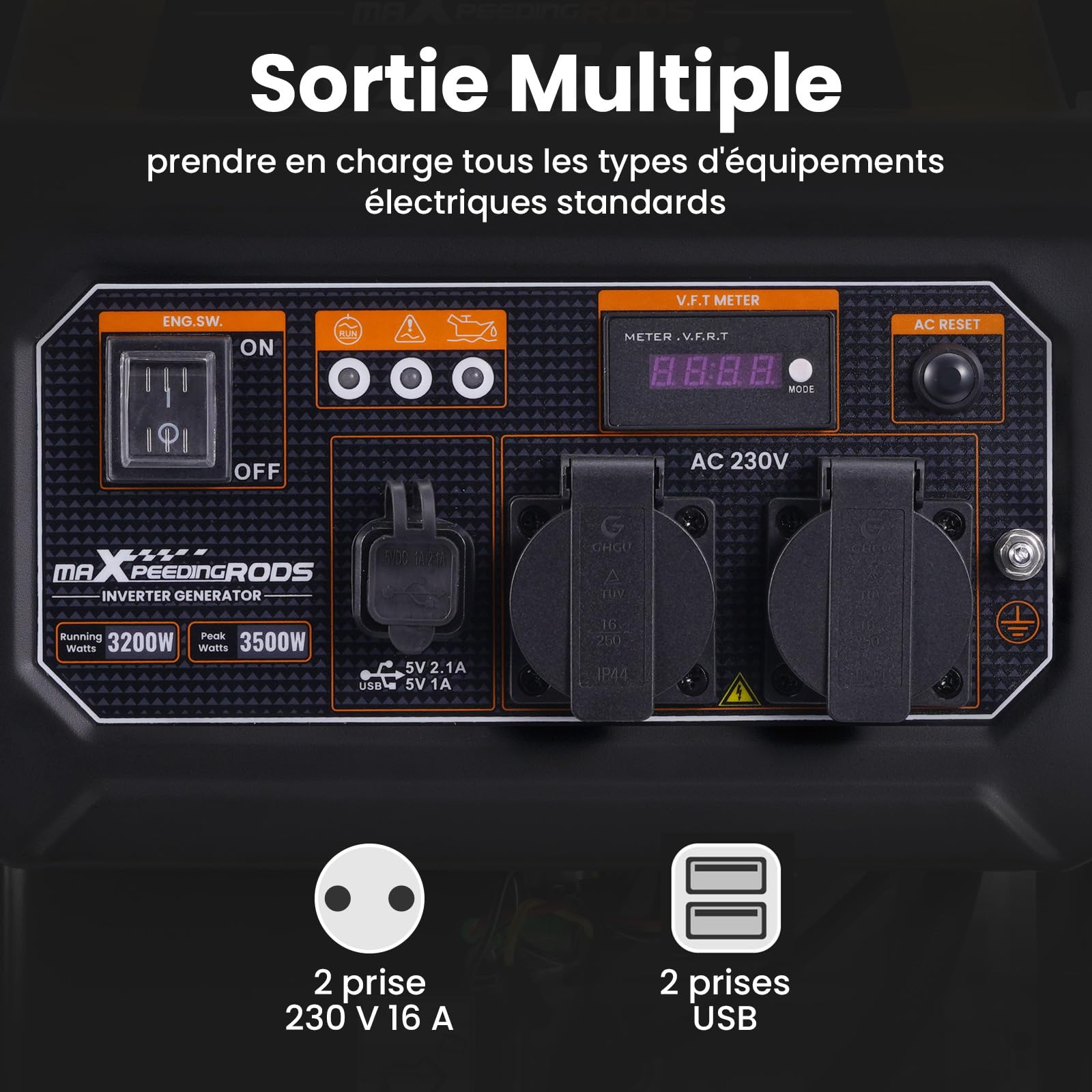 maXpeedingrods 3500W Groupe électrogène à essence 4 temps avec 2 prises 230V et USB Générateur léger et silencieux alimentation de secours pour garage atelier camping maison,26kg léger
