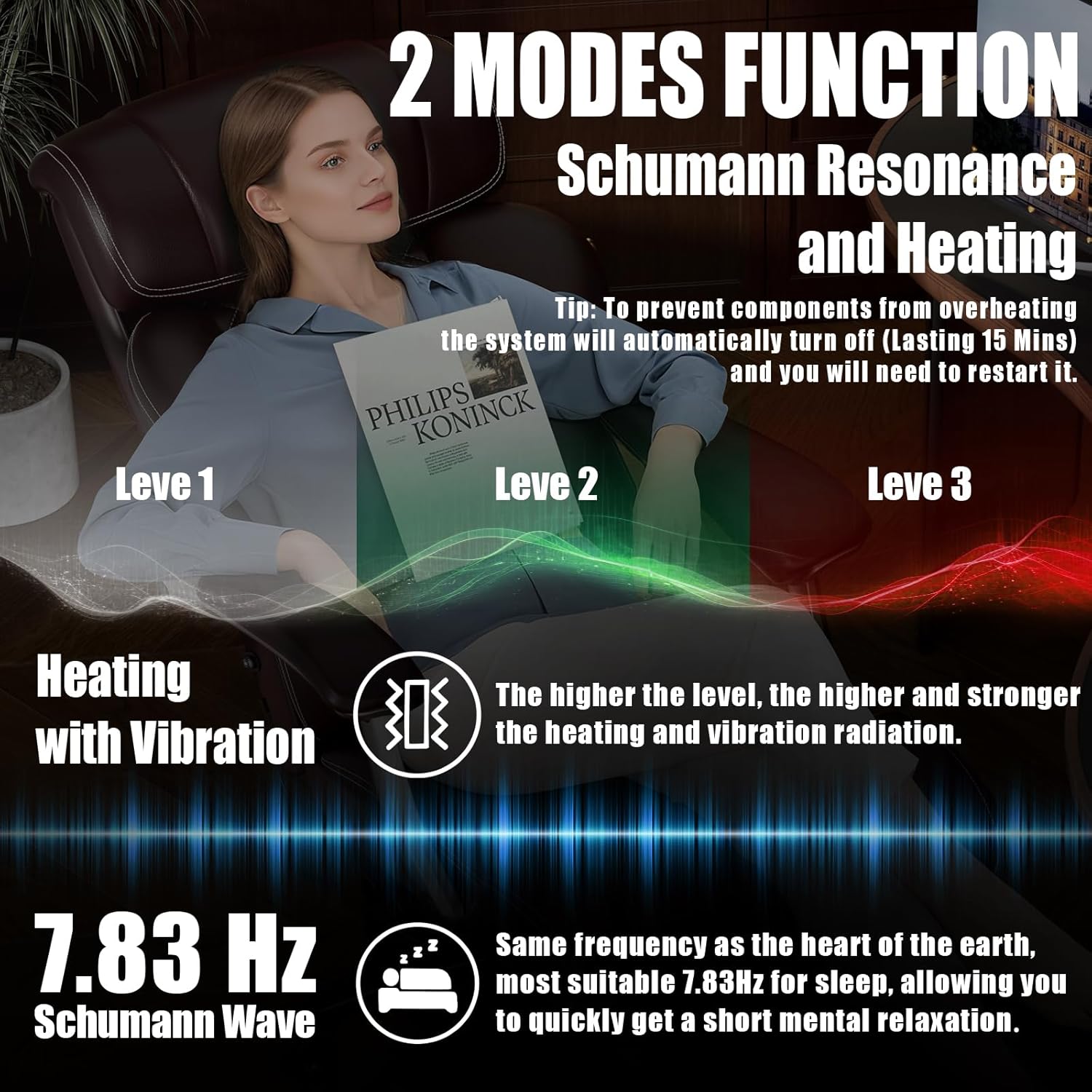 Czlolo Executive Big and Tall Office Chair, 7.83Hz Schumann Resonance Sleep Aid & Heating Stress Relief Heavy Duty Metal Base Desk Chair, Silent Rubber Wheels, Thick and Wide Cushion, Dark Brown