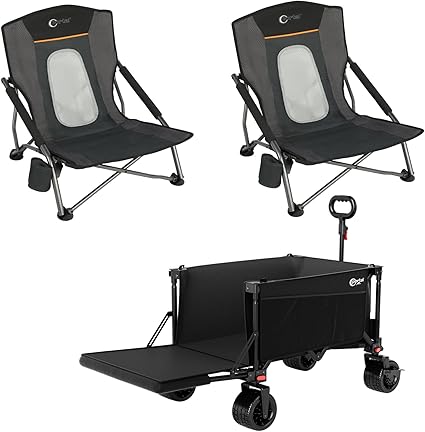 2 Pack of Mesh Beach Chairs + 1 Beach Wagon with Tailgate for Sand, Camping, Lawn, Sports, Garden, Outdoors