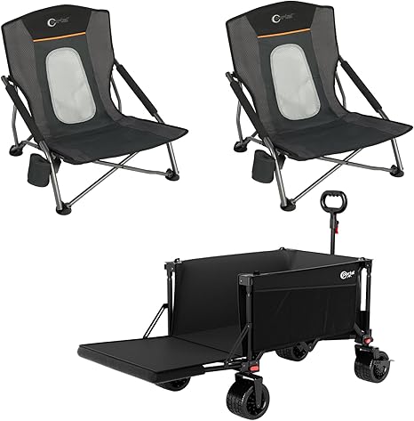 2 Pack of Mesh Beach Chairs + 1 Beach Wagon with Tailgate for Sand, Camping, Lawn, Sports, Garden, Outdoors