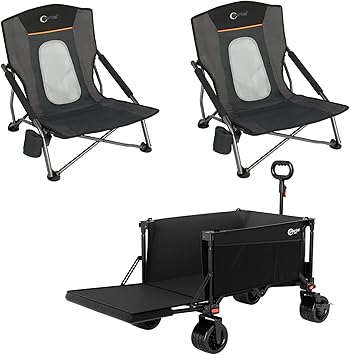 2 Pack of Mesh Beach Chairs + 1 Beach Wagon with Tailgate for Sand, Camping, Lawn, Sports, Garden, Outdoors