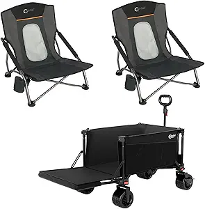 2 Pack of Mesh Beach Chairs + 1 Beach Wagon with Tailgate for Sand, Camping, Lawn, Sports, Garden, Outdoors