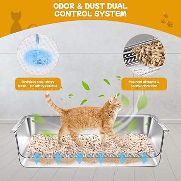 23.6''x15.7''x8'' Stainless Steel Sifting Litter Box, XXL Large Metal Sifting Cat Litter Box for Pine Pellets, Litter Pan Tray System for Indoor Cats with Scoop and Pee Pad, Easy to Clean(8 Inch)