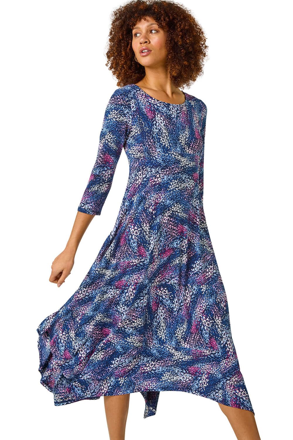 Roman Hanky Hem Swing Dress with Pockets for Women UK Ladies Asymmetric Hemline Stretch Jersey 3/4 Sleeve Winter Smart Casual Work Office Knee Length Tunics - Pink - Size 20