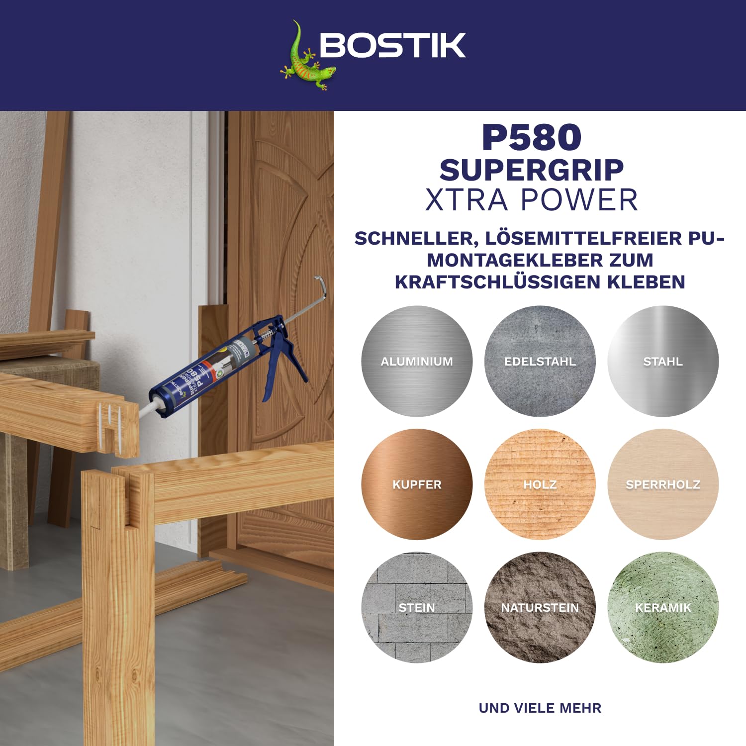 Bostik P580 Supergrip Xtra Power beżowy klej montażowy PU (435 g), wkład 290 ml