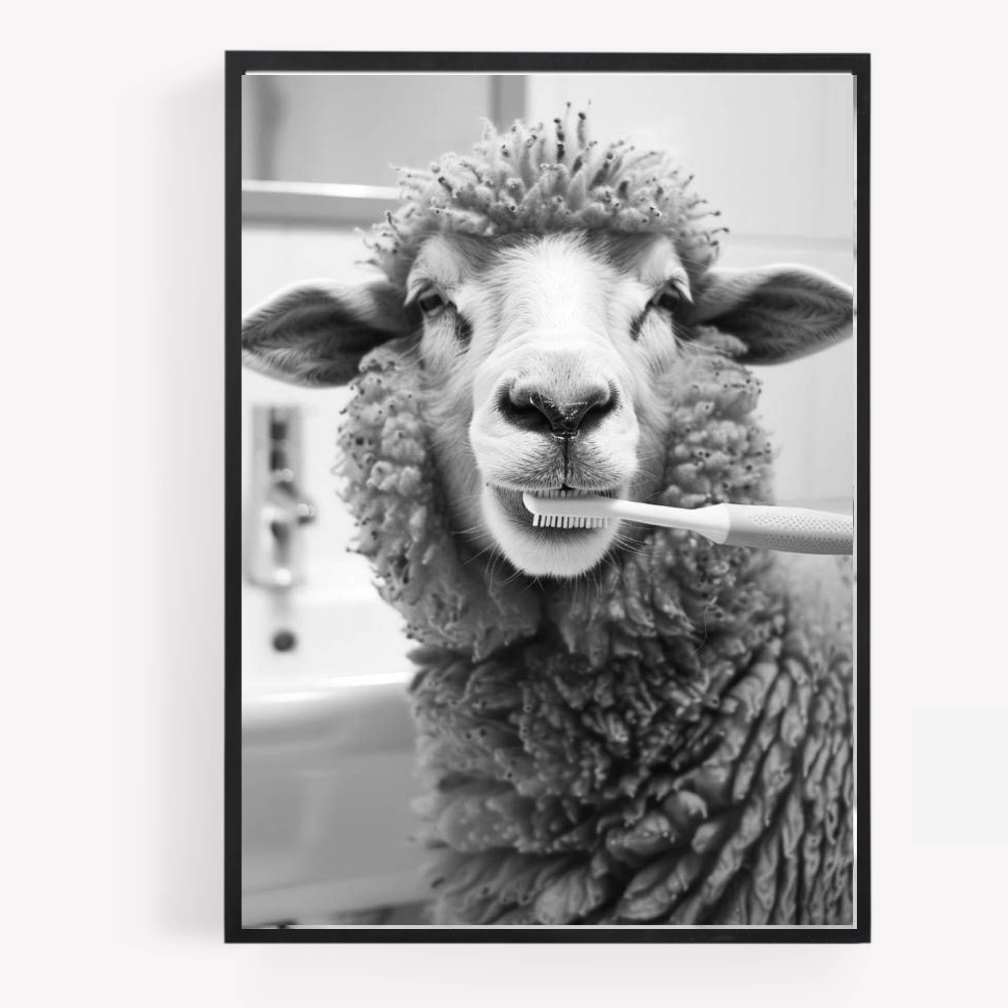 Gfc Black White Funny Bathroom Sheep Lamb Brushing Teeth A4 Unframed Print Picture Wall Art Home Decor Decorating
