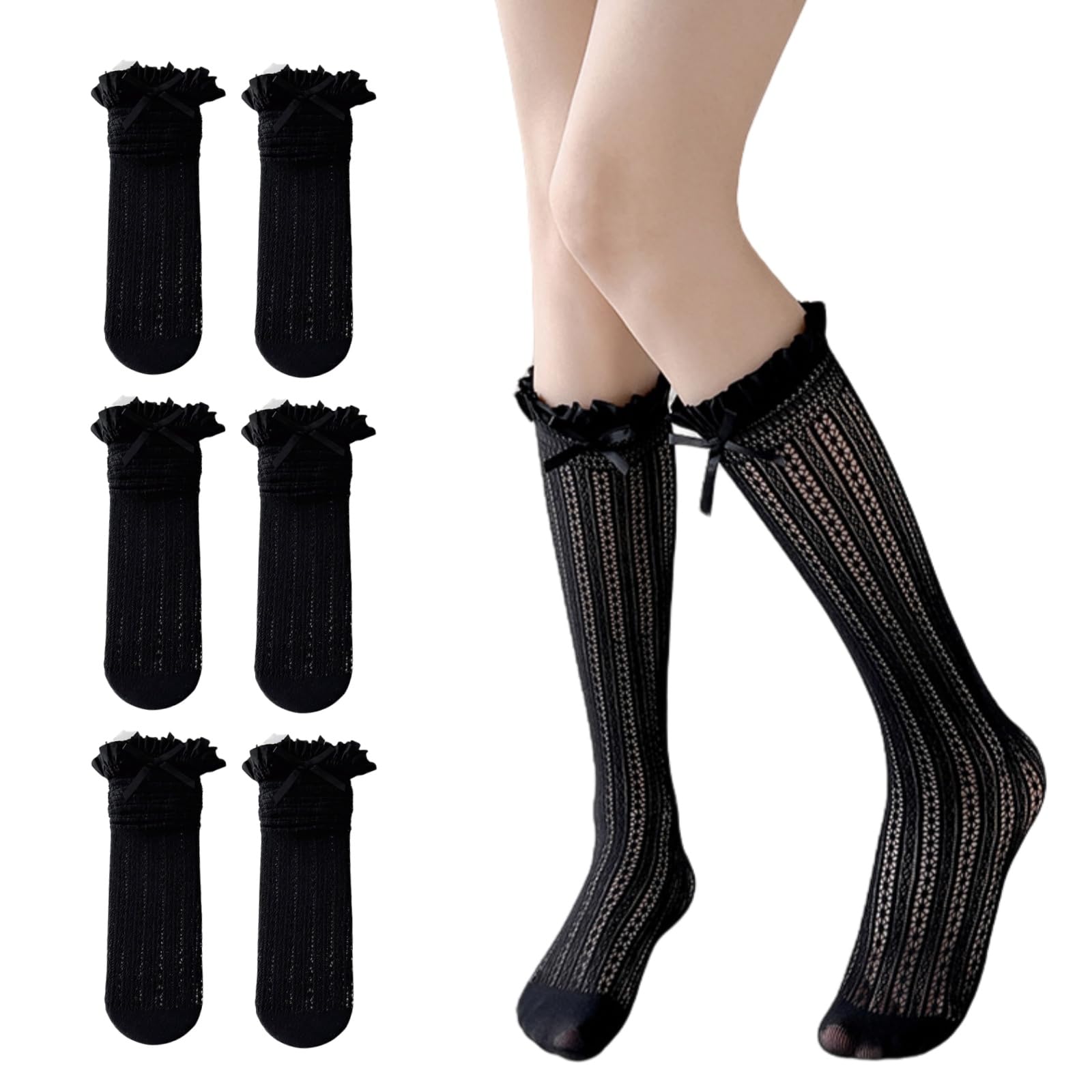 Toukingda Women's Black Lace Knee High Pop Socks With Bow 3 Pairs Girls Hollow Out Stockings Y2k Fishnet Socks With Lace Brim Cute Mesh Calf Sock Tights For (Black)