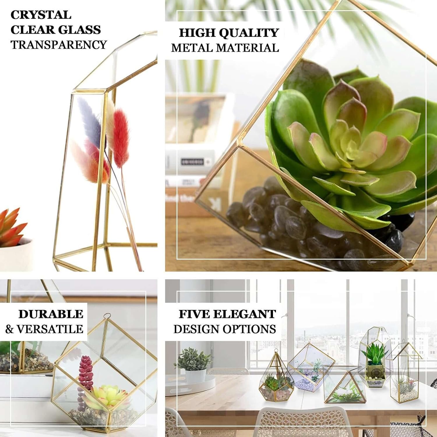 Efavormart 10.5" House Lantern Hanging Gold Metal Geometric Glass Terrarium Multipurpose Air Plants Holder Container Box, Home Tabletop Decor for Succulent Fern Moss Air Plants