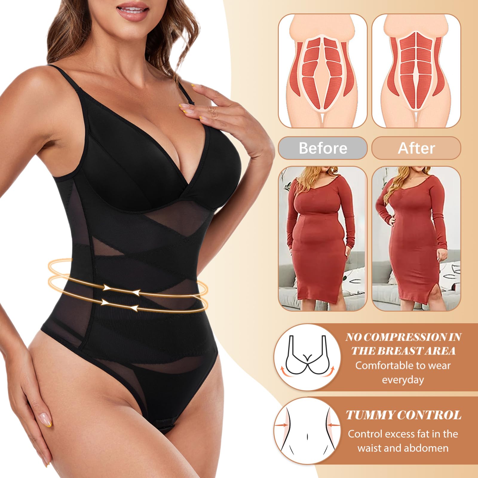 Tuopuda Damskie Body Modelujące Wyszczuplające Brzuch Płaski Brzuch Body Modelujące Ze Stringami Body Wyszczuplające Szykowny Elegancki Pasek Spaghetti Bielizna Top