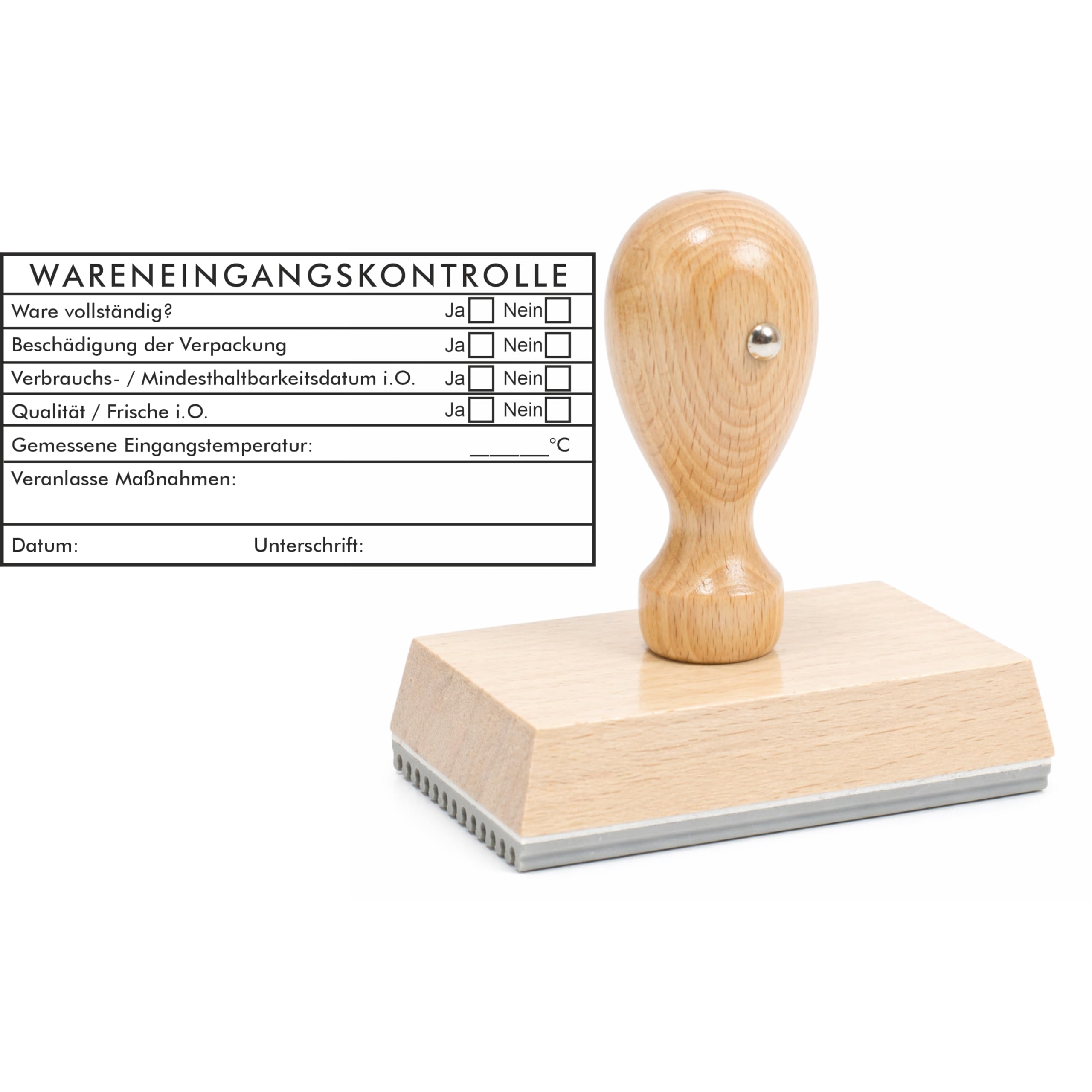 Wareneingangskontrolle Stempel Holz individuell – Lagerstempel Qualitätskontrolle Wareneingang Warenausgang HACCP Prüfstempel mit Textplatte für Büro Logistik (Standard Kontrolle)