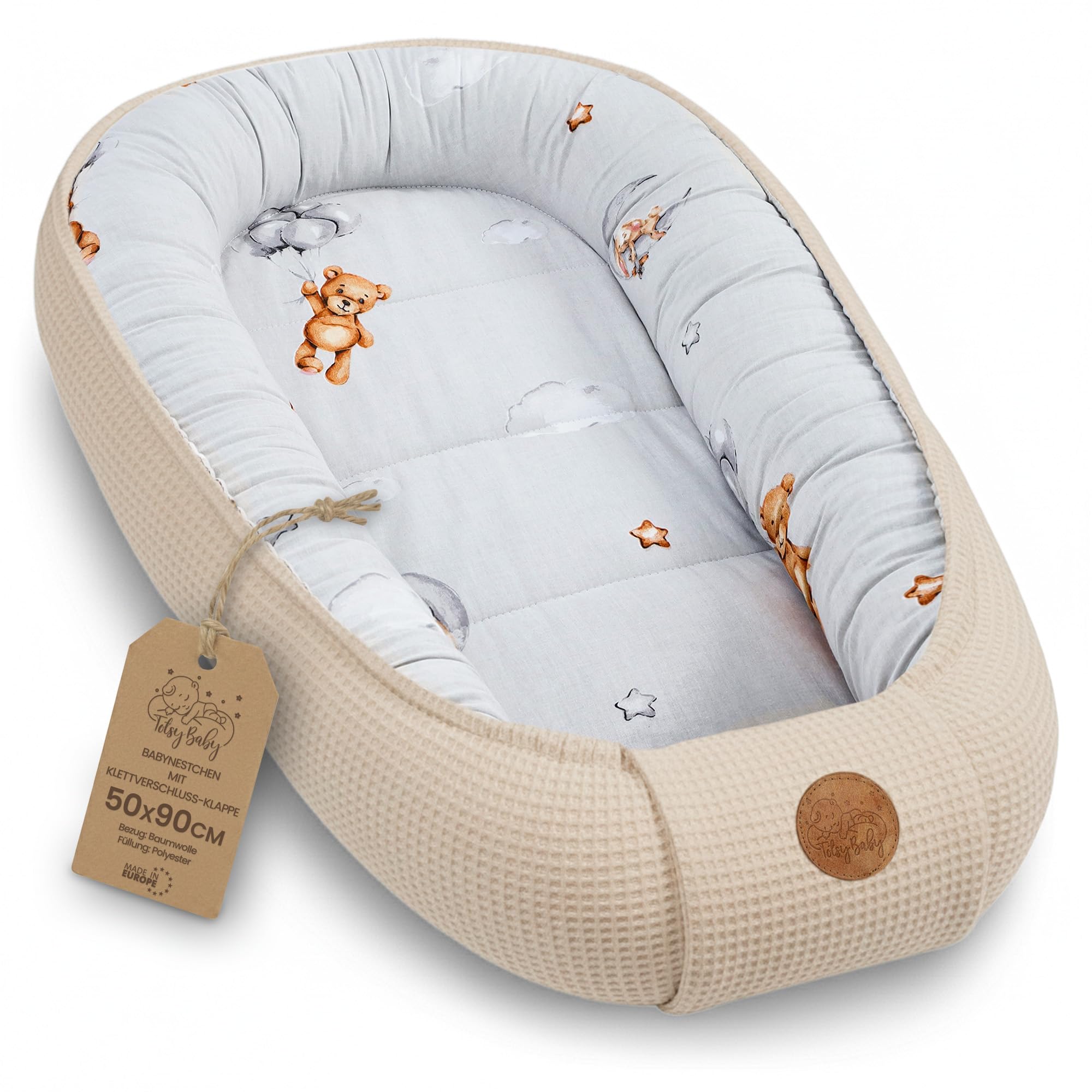 Babynest Neugeborene Nestchen Baby 50x90cm - Kokon Handmade zweiseitig aus Baumwolle Waffel mit Babynestchen Teddybären B