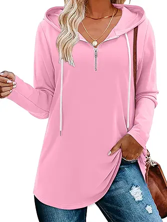 BETTE BOUTIK Womens Quarter Zip Tunic Hoodies Pullover Long Hooded Sweatshirts S-3XL