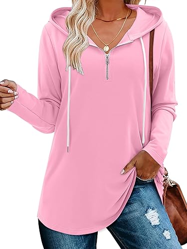 BETTE BOUTIK Womens Quarter Zip Tunic Hoodies Pullover Long Hooded Sweatshirts S-3XL