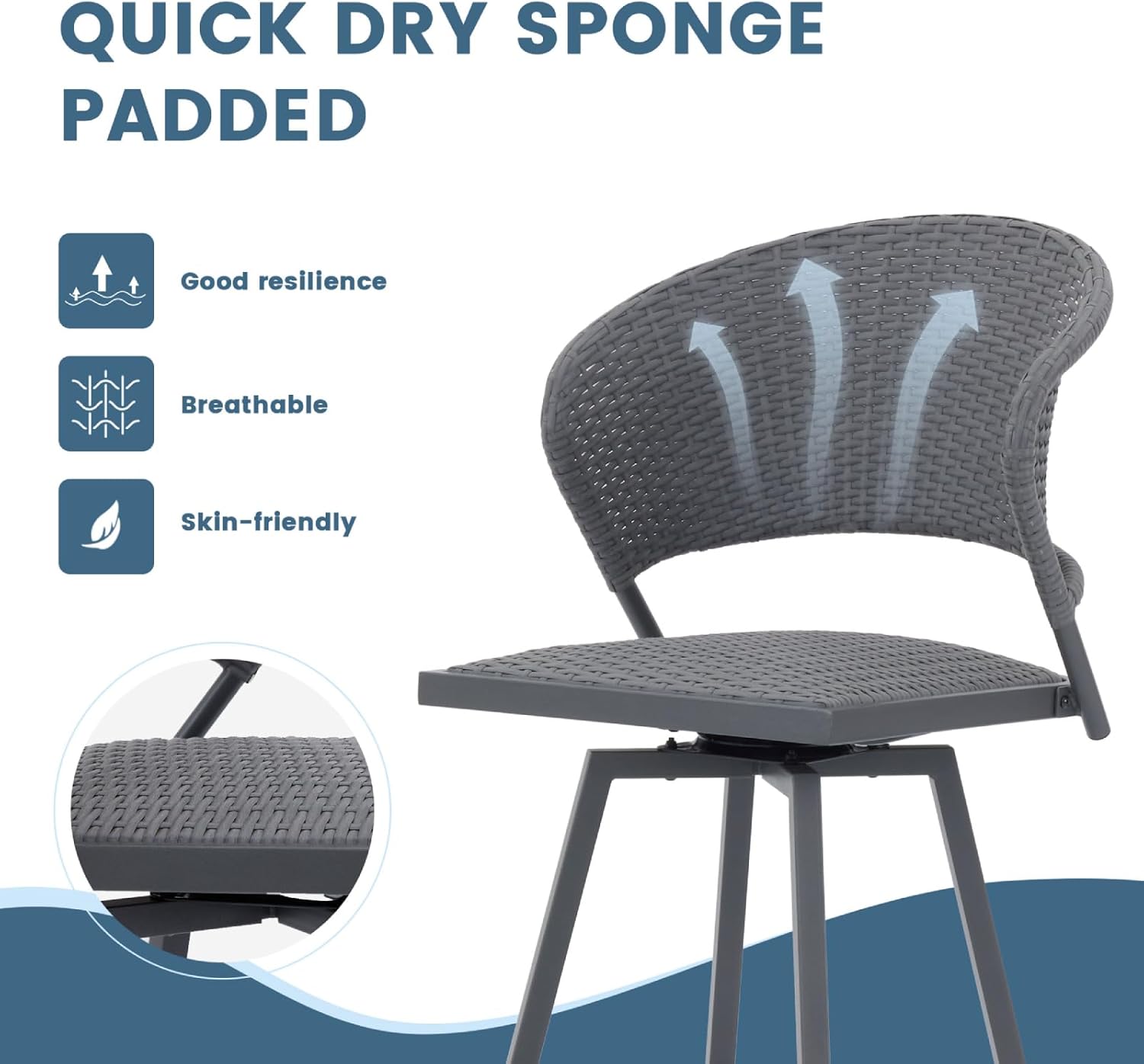 DIFY Patio Swivel Bar Stools Set of 4, Outdoor Wicker Bar Chairs with Backrest and Metal Frame for Bistro Lawn Garden, Grey