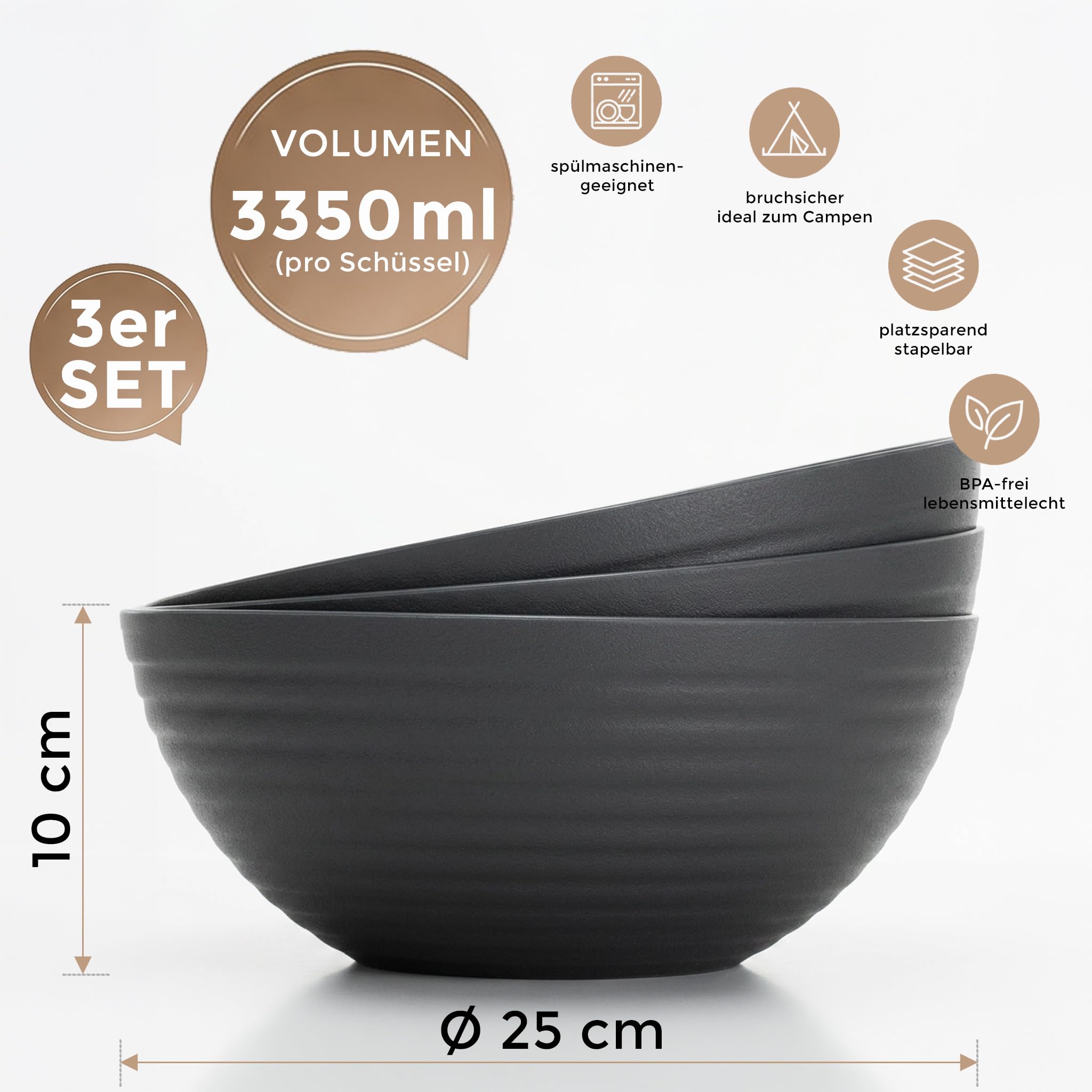 Hausfelder Salatschüssel Set 3, 3er Set, 3,3 l, Anthrazit | Kunststoff, 3er Set, 3,3 l, BPA-frei, Salatschüssel, Servierschüsseln, Matt, Schwarz, Schalen, Chipsschüsseln
