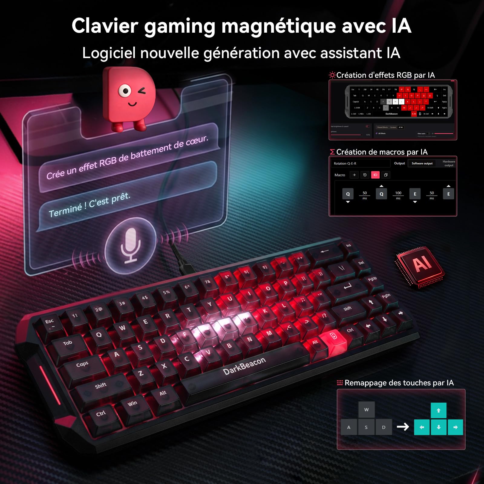 DarkBeacon Flux68 HE Clavier Magnétique, 8000Hz Rapid Trigger, Logiciel IA, Clavier Gamer Filaire 65%, Précision RT 0,01 mm, Actionnement Réglable, Snap Tap/DKS, Hot Swap, pour PC/Mac