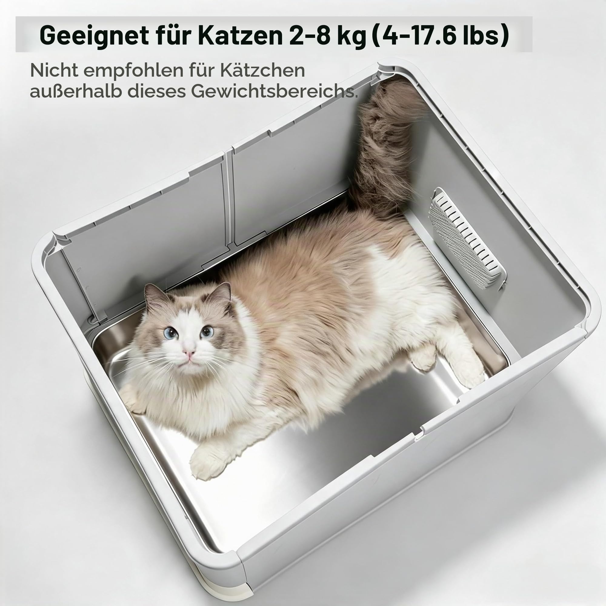 Geschlossenes Edelstahl-Katzenklo mit Deckel und Schublade | Geruchsabdichtendes XL Katzentoilette inkl. Schaufel & Streumatte Grau