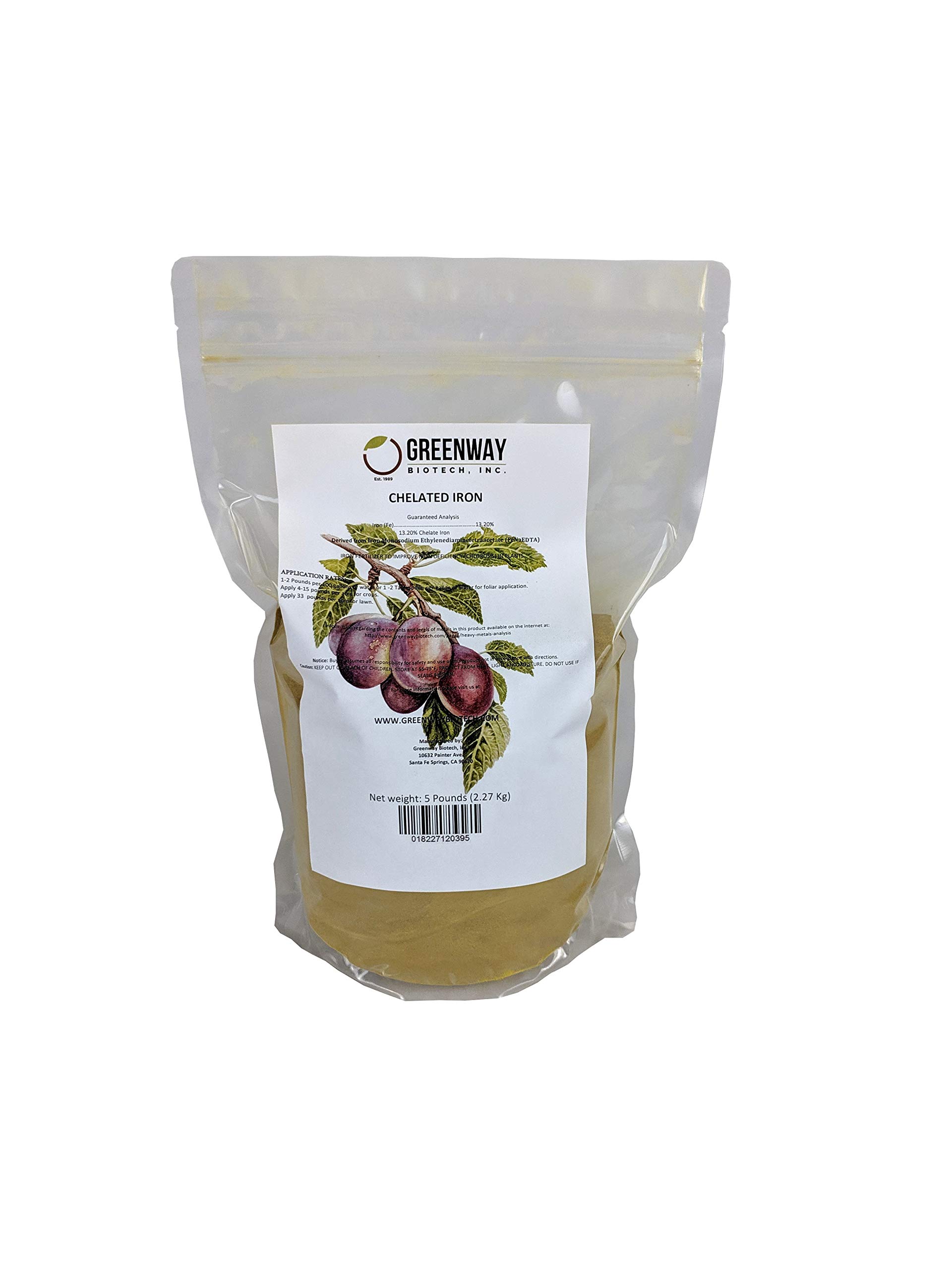 Greenway Biotech, Inc. Chelated Iron EDTA 13% Fertilizer - 100% Water Soluble Micronutrient for Plants, Lawns, Hydroponics - Corrects Iron Chlorosis & Yellow Leaves - Made in USA - 5 Pounds