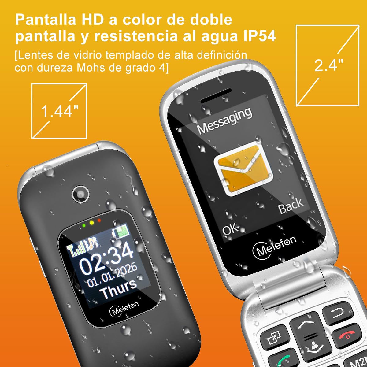 4G Teléfono Móvil de Tapa para Mayores, Botones y Teclas Grandes, Doble Pantalla de 2,4+1,44 Pulgadas, Botón SOS, Bateria 1350mAh, USB-C, Base de Carga, Volumen Alto, Fácil Uso para Ancianos