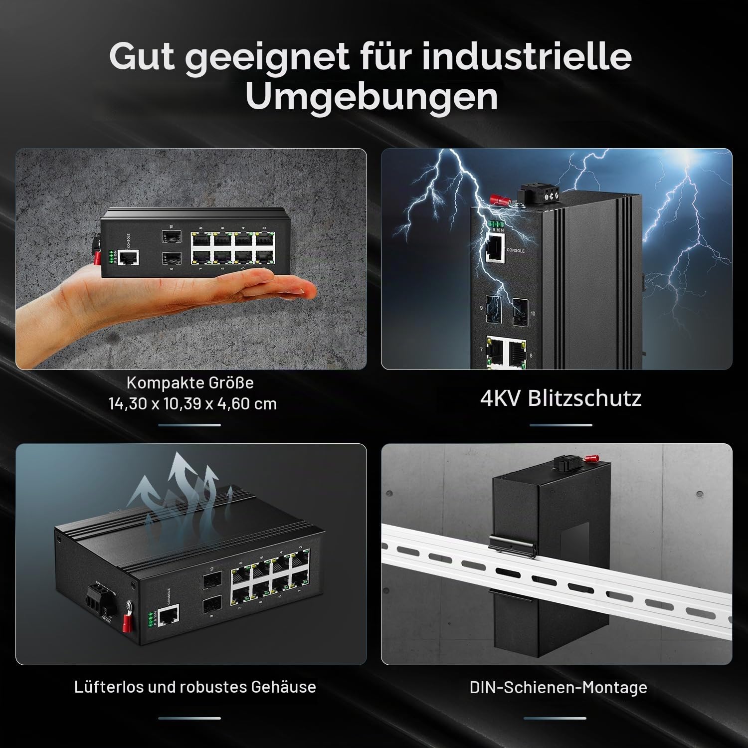 Binardat 10 Port Gigabit L2+ Managed PoE Industrial DIN-Rail Switch, 8 Gigabit PoE Ports, 2 Gigabit SFP, IEEE802.3AF/at, Vlan|Route|Ring|ACL|Qos Web/Konsole Managed