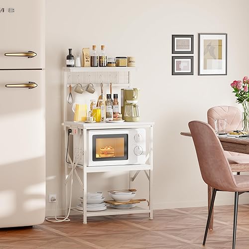 Vista 20 de Furologee Estante para hornear de cocina con toma de corriente, soporte para horno de microondas con almacenamiento de 4 niveles, mesa de café con 6