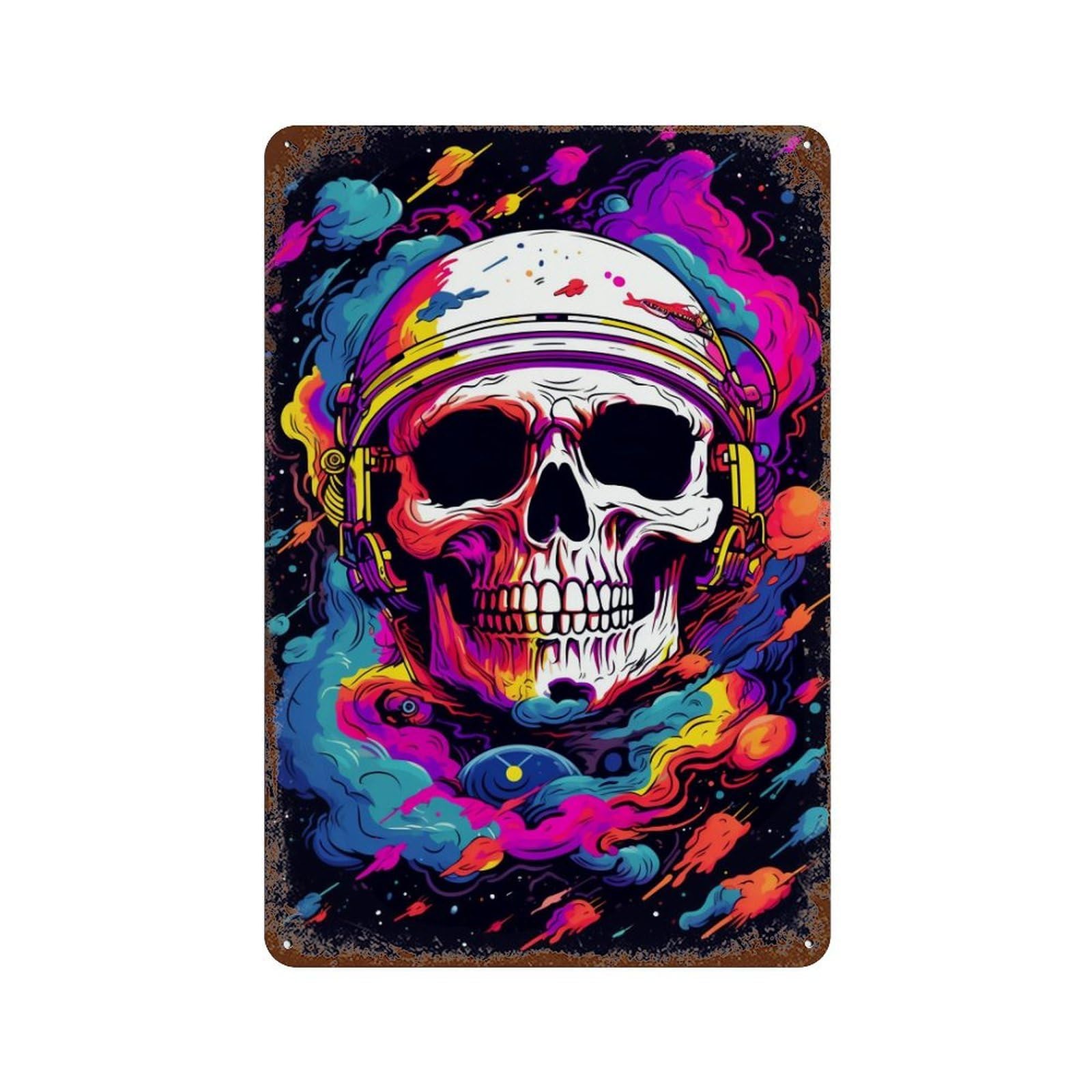 Vintage Rust Metal Sign Space Skull Art Print -2 11.8"x7.9", Old School Wall Decor for Office, Studio And Wall Decor