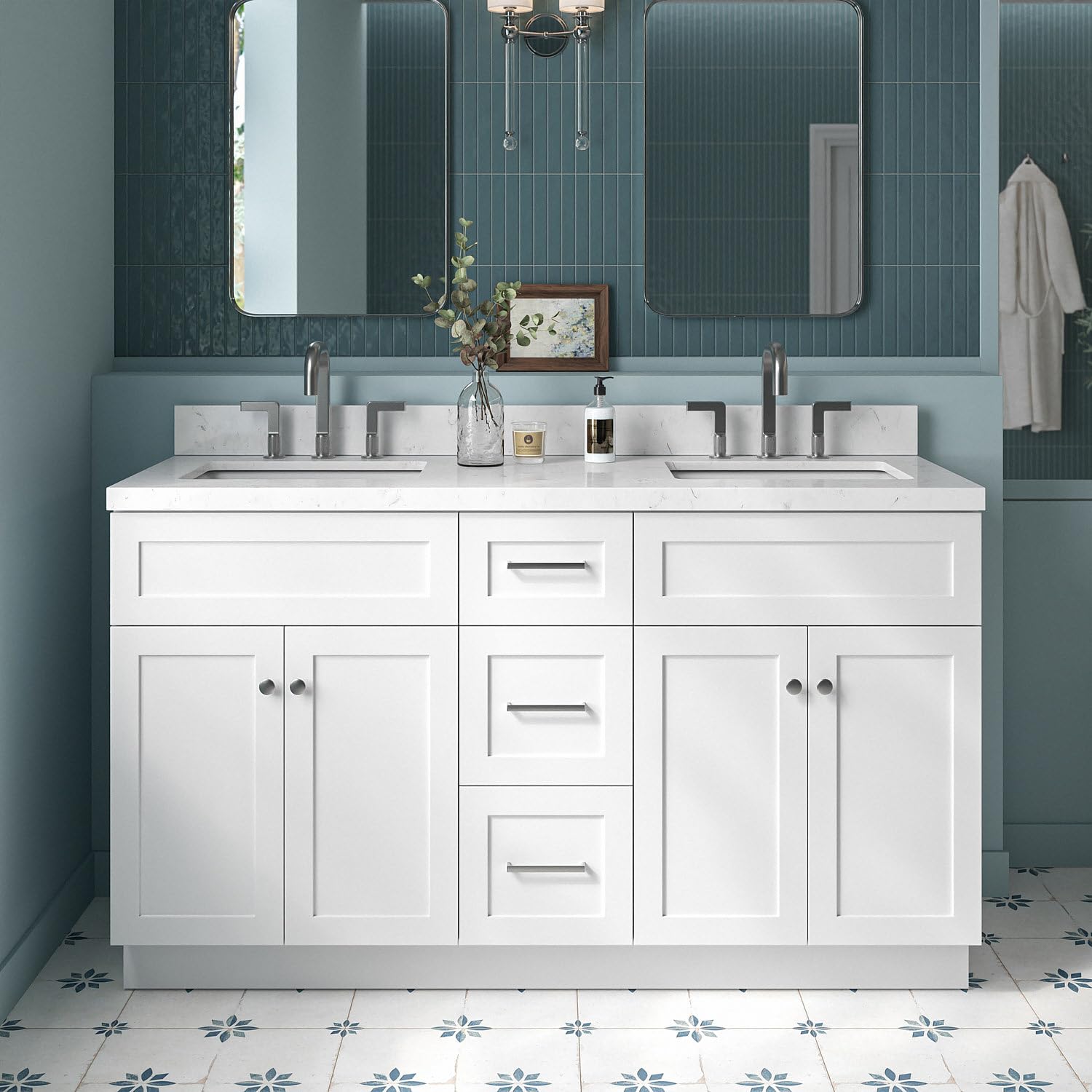 ARIEL Hamlet 60-inch Bathroom Vanity with Sink,Solid Wood, 1.5-inch Carrara White Quartz Countertop & Backsplash, Double Rectangular Porcelain Sink, 4