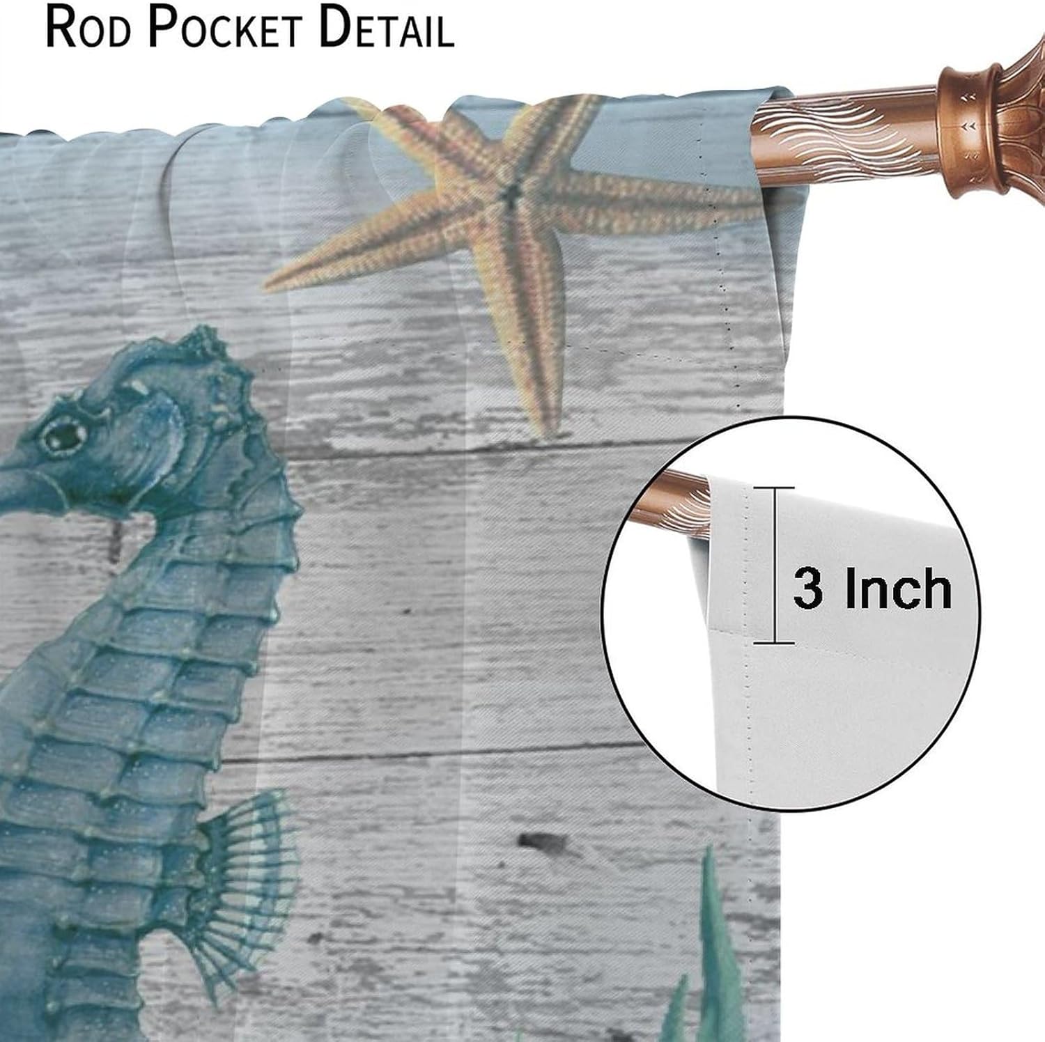 Sea Seahorse Curtains Retro Compass Wooden Nautical Coastal Ocean Seahorse Starfish Theme Window Drapes Rod Pocket Curtains Darkening Thermal Insulated for Living Room 63x63in
