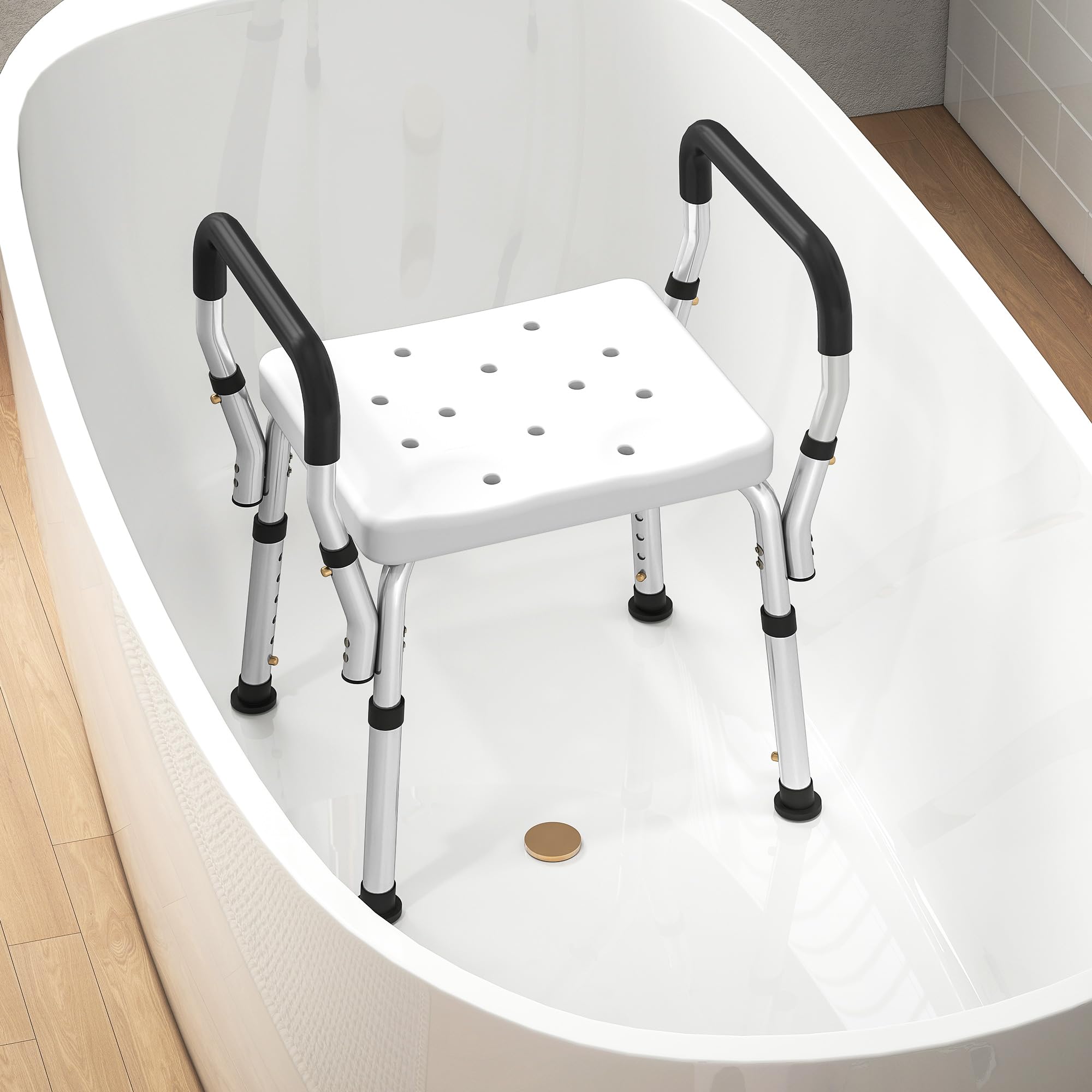 HOMCOM Taburete de ducha Silla de ducha para personas mayores y discapacitadas con reposabrazos, altura ajustable, patines antideslizantes, silla de baño de aluminio antioxidante, color blanco