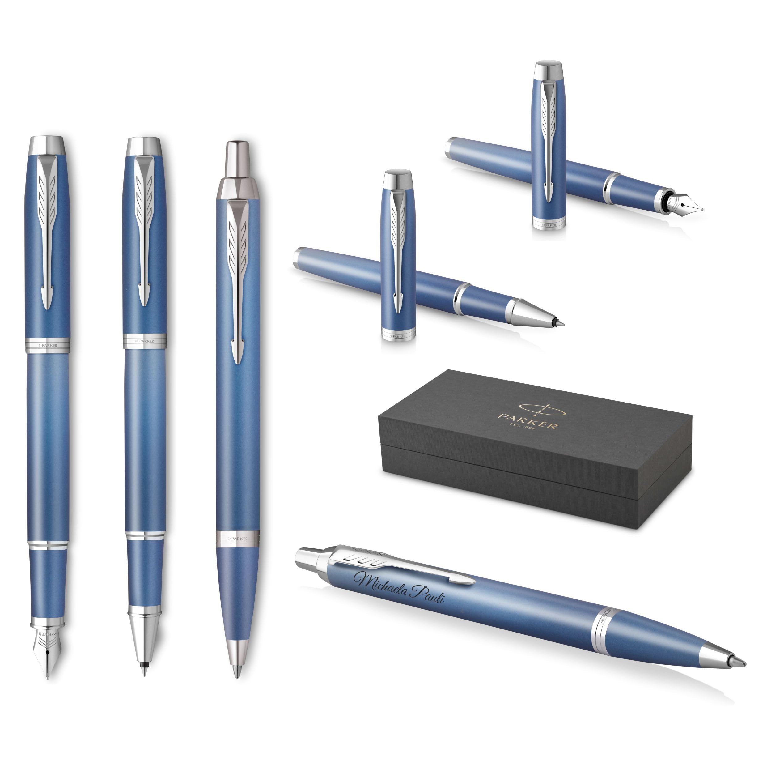 PARKER IM Rituals Juego de 3 bolígrafos y plumas estilográficas y bolígrafos con grabado, bolígrafo premium, caja de regalo, personalizado, cumpleaños (azul)