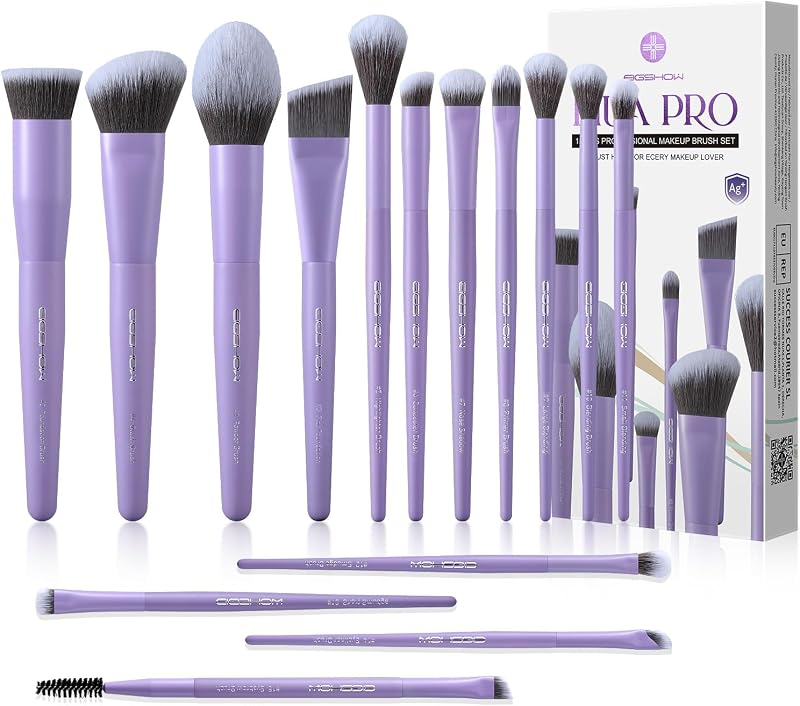 Juego de brochas de maquillaje, 15 brochas de maquillaje profesionales con cerdas de iones de plata para base en polvo, rubor, resaltador, corrector, sombra de ojos, delineador de ojos, set de regalo de viaje (púrpura mate)