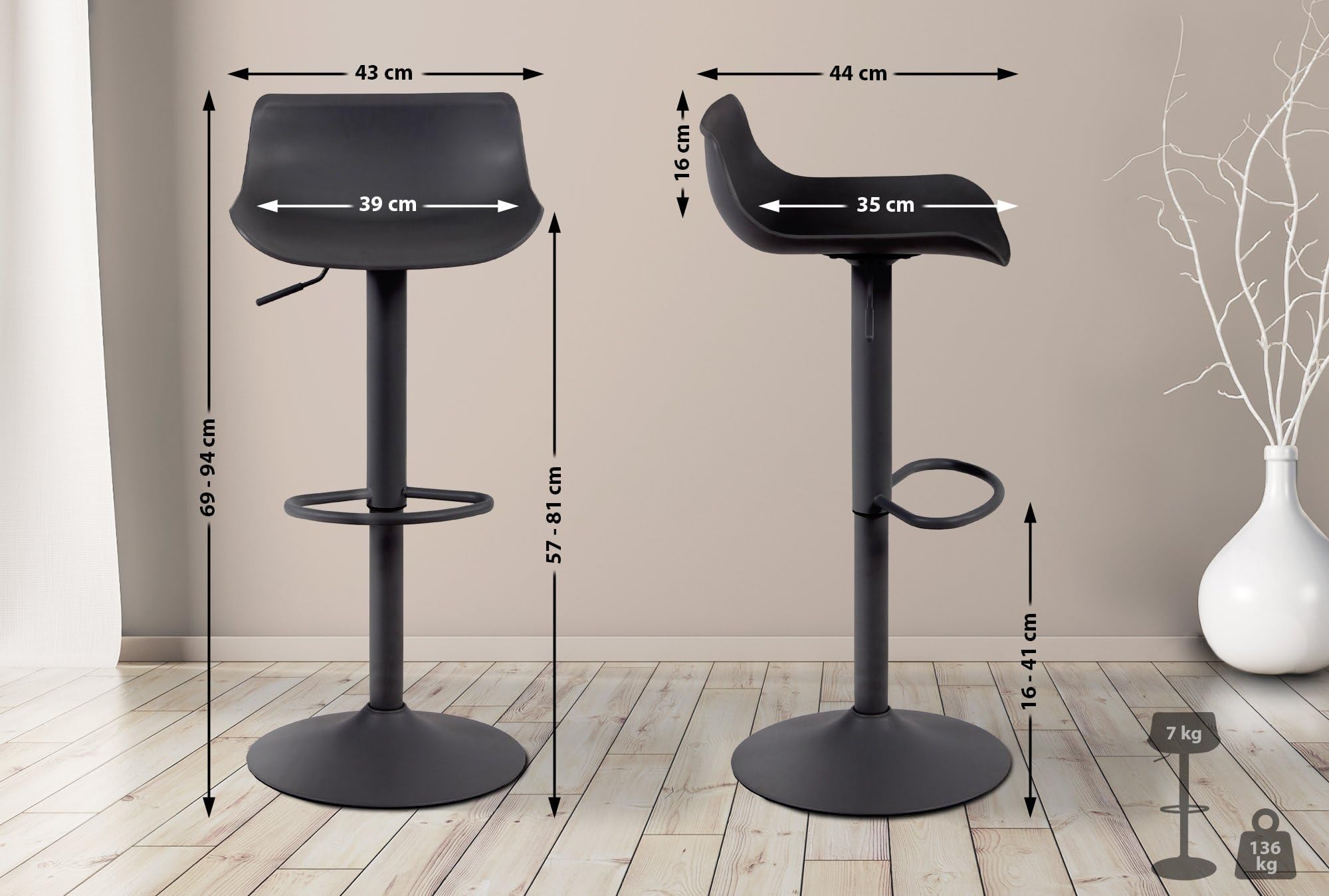 CLP Sgabello Alto Bar Aveiro In Polipropilene I Sgabello Cucina Girevole A 360° Dal Design Moderno I Sedia Penisola Regolabile 57-78 CM, Colore:nero