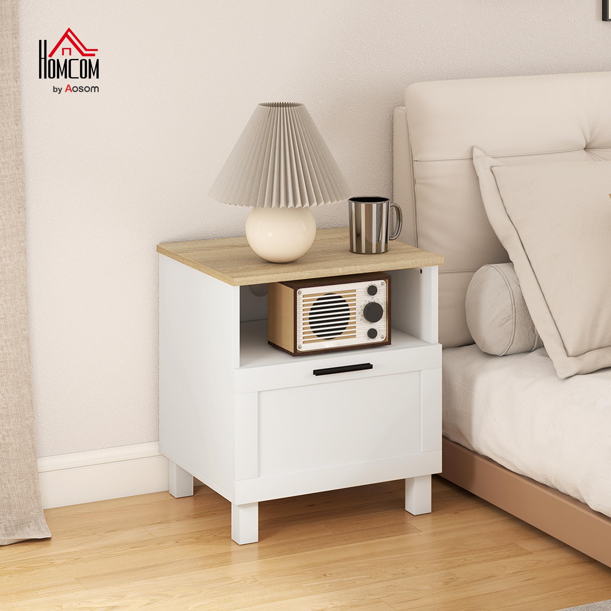 HOMCOM Comodino Camera da Letto con Cassetto e Ripiano Aperto Portaoggetti, Comodino Moderno Salvaspazio con Gambe in Legno di Pino, 45x38x50 cm, Bianco