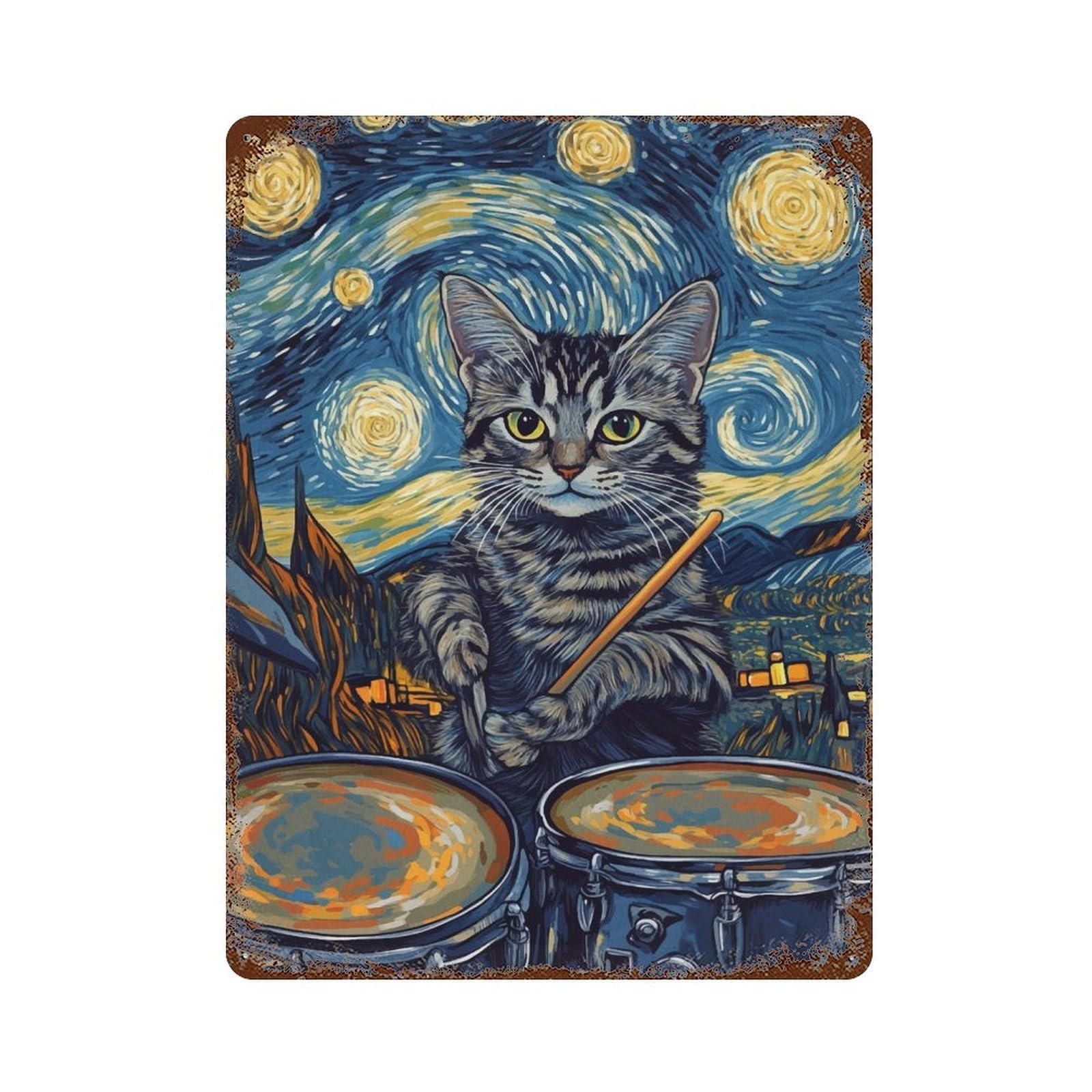 Cat Drummer Starry Night Rustic Tin Plaque 15.7"x11.8", for Shed, Workshop And Garage Wall Decor, Shabby Chic Decor