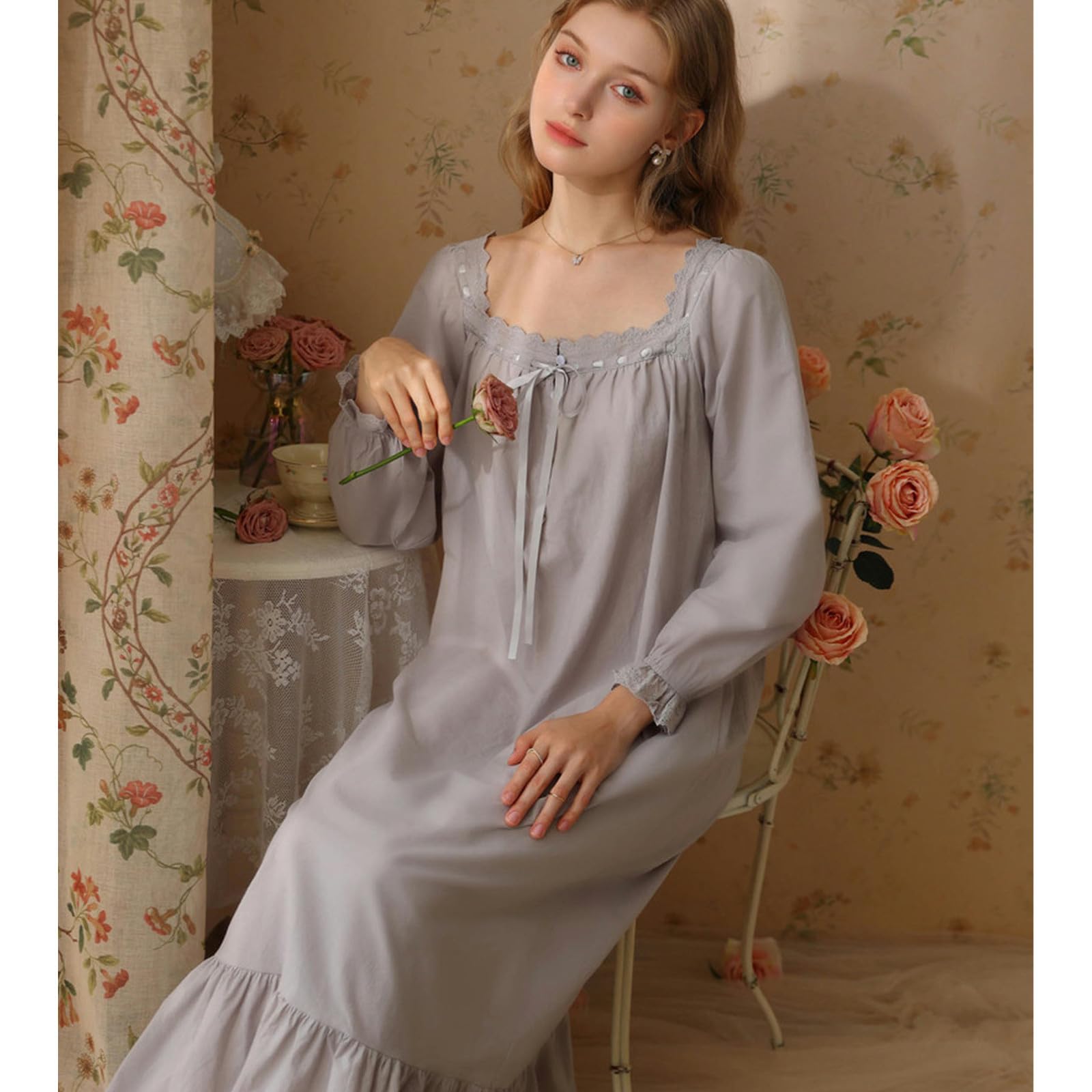 Camicia Notte Donna Palace Princess Style Nightdress Women Spring And Autumn Cotton Long Long Long Long Pigias Donne Plus Size Home-Manica Lunga Rosa-XL