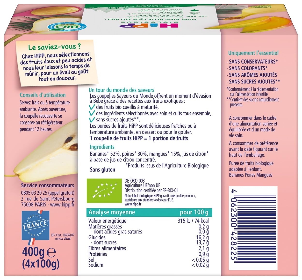 HiPP Biologique Cuencos de plátano, pera y mango 4 x 100 g