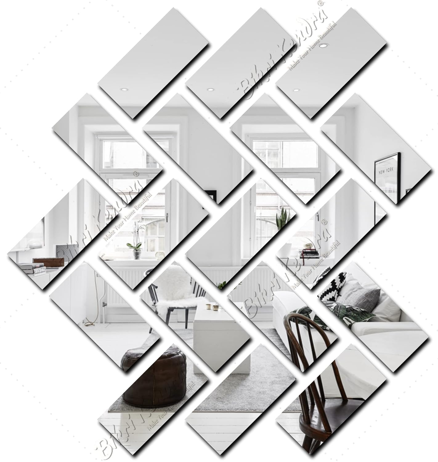 Rectangle Mirror Stickers for Wall, Acrylic Decor, Hall Room, Bed Room, Kitchen - Silver, Pack of 10