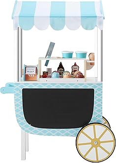 Teamson Kids My Little Helper Ice Cream Cart with Pretend Money, Colorful Magnetic Ice Cream Scoops and Chalkboard Panel, Blue/White