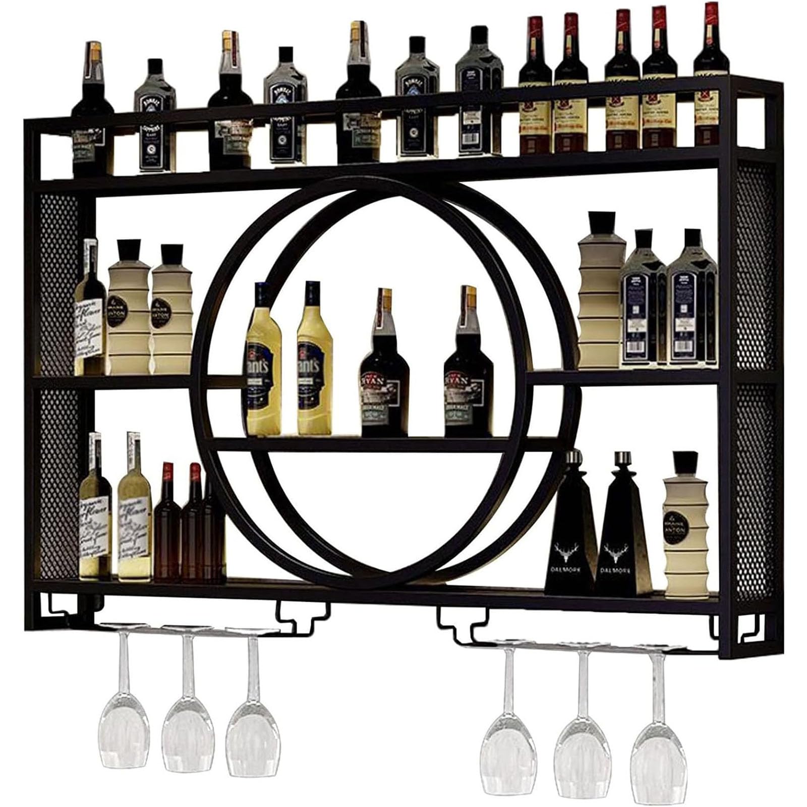 Hrwug Wall Mounted Wine Rack, Hanging Metal Round Wine Rack Cabinet, Multifunctional Storage Rack, Vintage Style Wine Bottle Shelf, with Wine Glass
