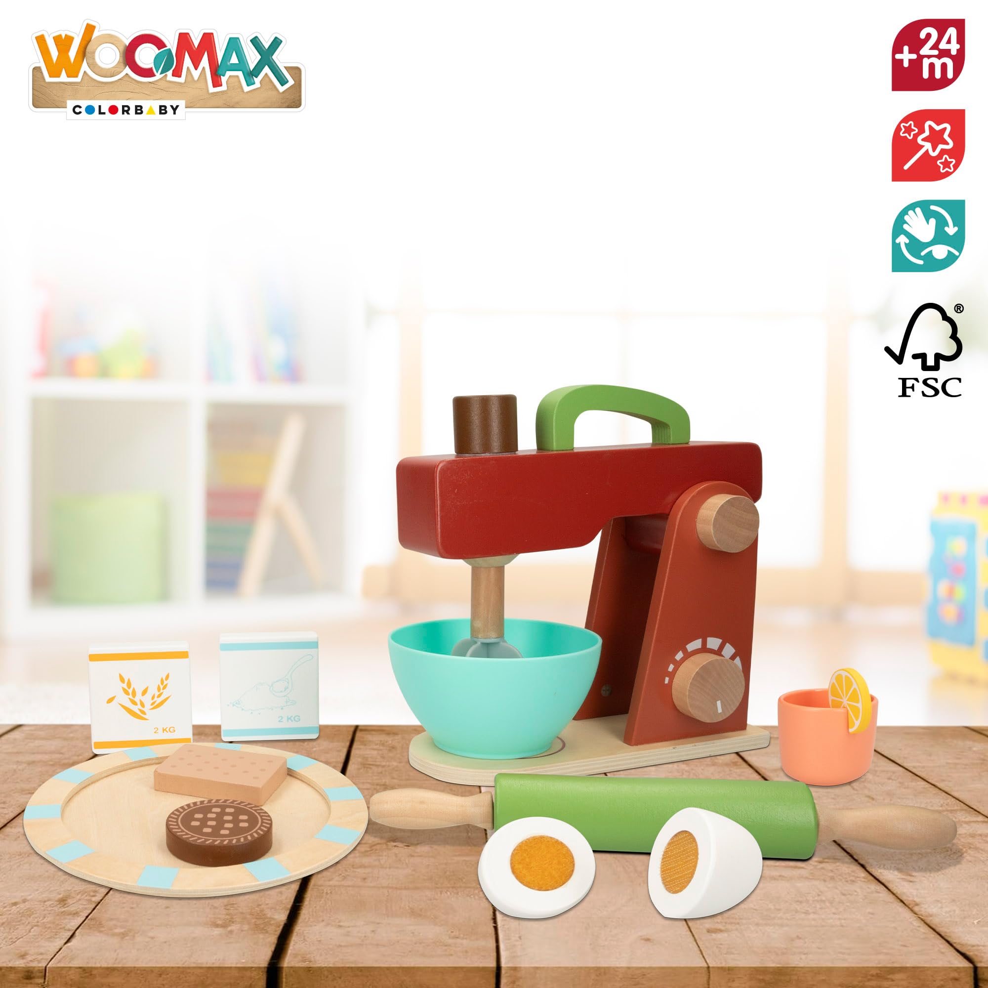 WOOMAX, Frullatore di Legno Giocattolo, 11 Accessori, Elettrodomestico del giocattolo, Macchina per impastare, Accessori Cucina, Giochi educativi, Giocattoli bambini 2 anni, Regali di compleanno