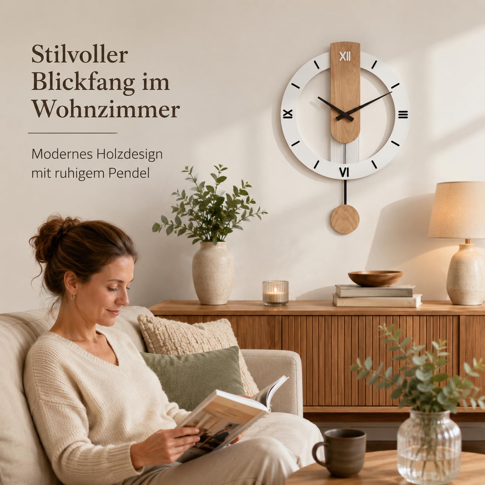 LANMOU Wanduhr Holz mit Pendel, Pendeluhr Moderne Leise Ohne Tickgeräusche | Metallrahmen, weißes Display, Quarzwerk und Innenbereich-Einsatz für Wohn-, Schlaf-, Ess- und Arbeitszimmer